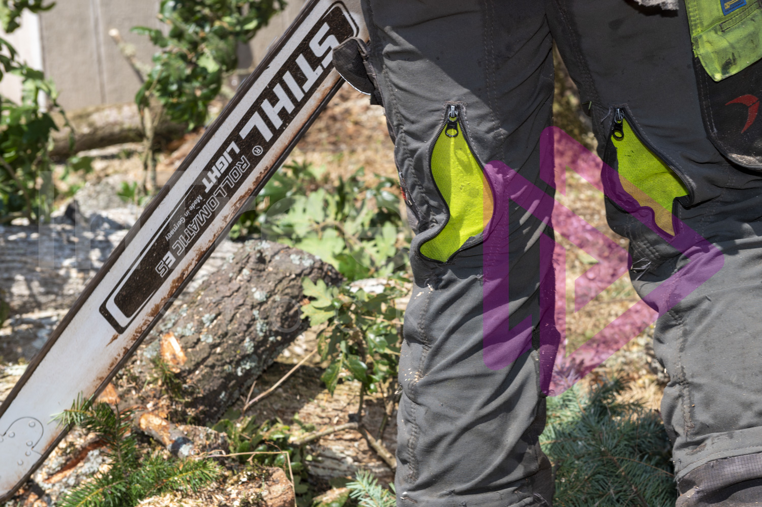 Chainsaw pants with the air vents open in hot sunny weather