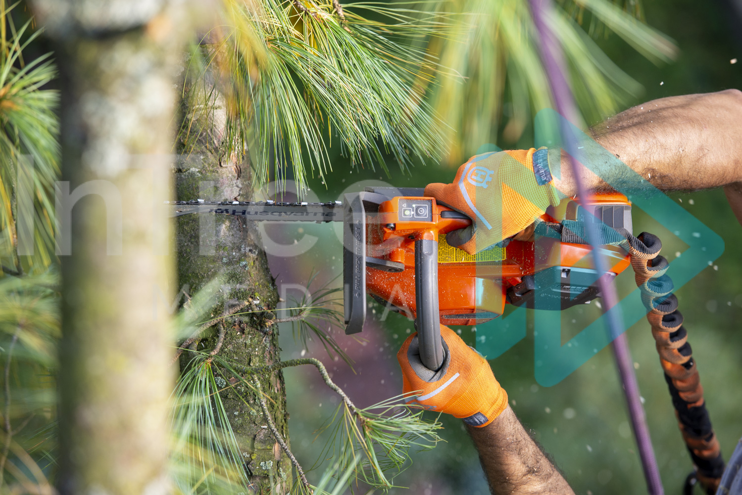Battery powered saw in use with two gloved hands