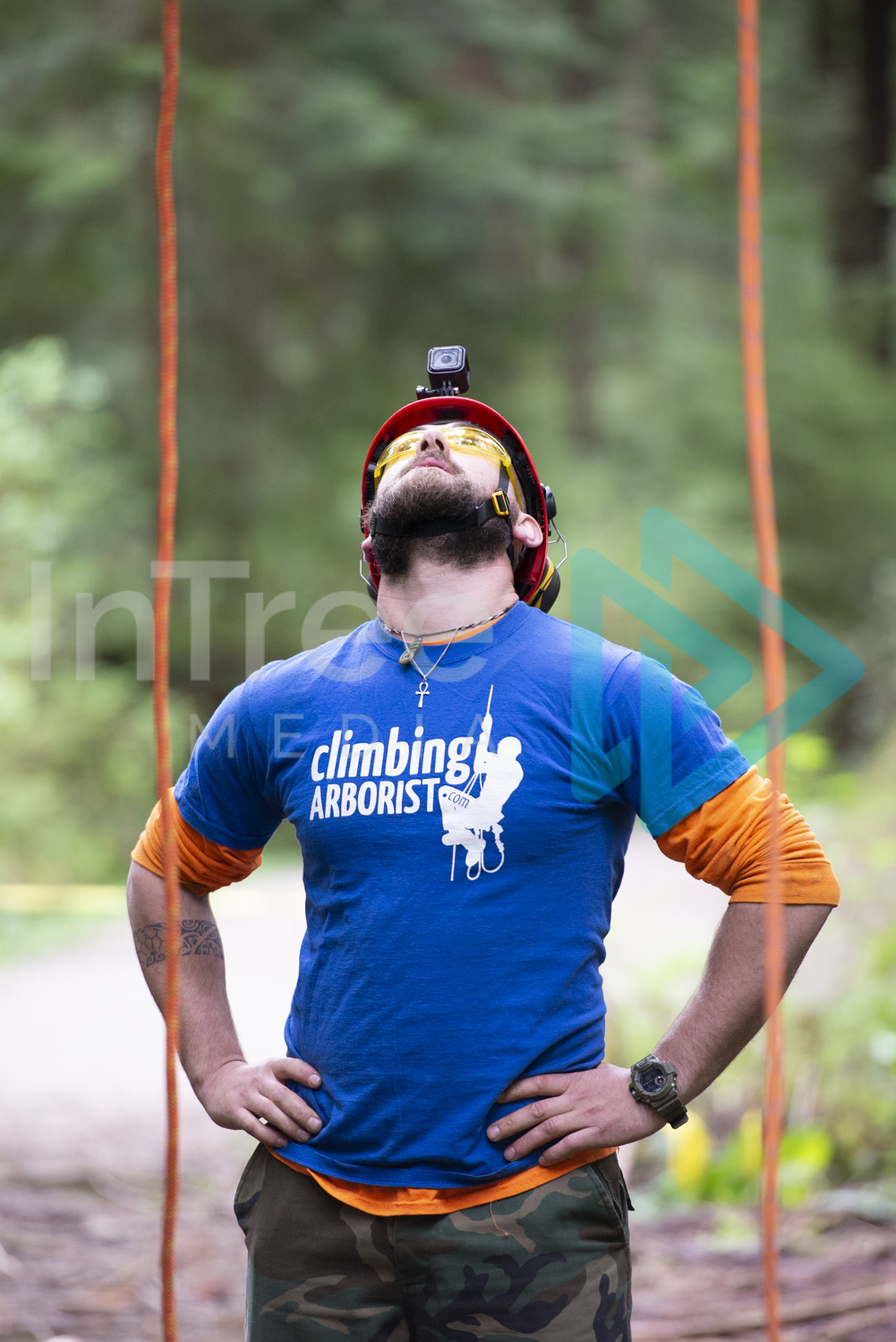 Man wearing helmet, with beard in blue top with hands on hips looking into the forest canopy