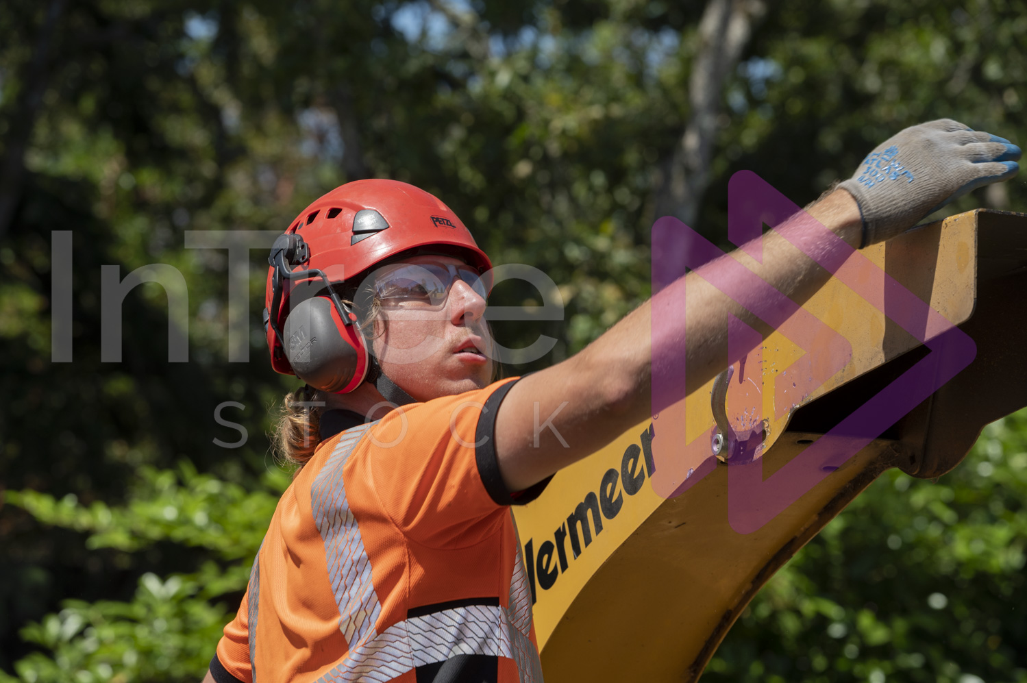 Man wearing red helmet adjusting chipper chute