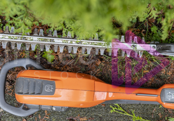Battery-powered-hedge-trimmers Close up of orange hedge trimmers laying on ground