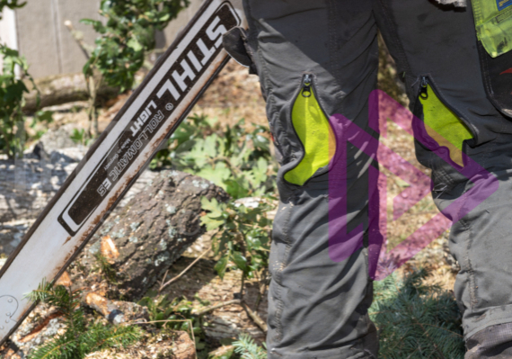 Chainsaw pants with the air vents open in hot sunny weather