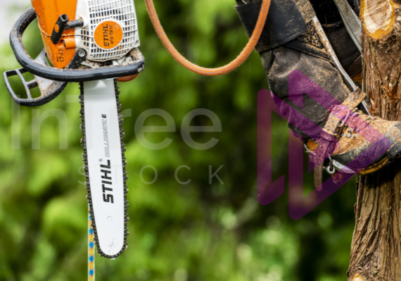 Chainsaw hanging from harness with blurred green background