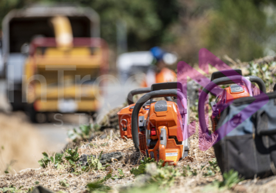 Chainsaws on ground with chipper blurred in background