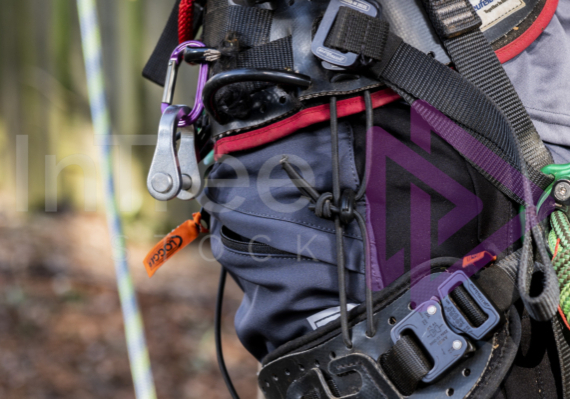 Climbing hardware attached to arborist harness Climbing hardware attached to arborist harness
