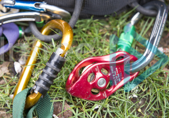 Pinto pulley hanging from harness on the ground