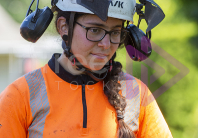 Female arborist in the zone with throw line in hand