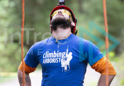 Ground person with GoPro looking up into canopy with two legs of Man wearing helmet, with beard in blue top with hands on hips looking into the forest canopy