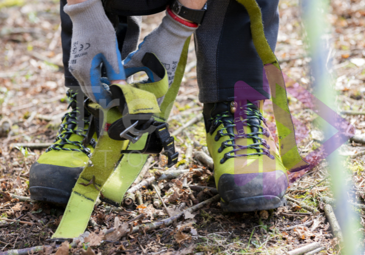 Hands of arborist putting spurs on to boots Hands of arborist putting spurs on to boots