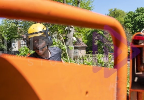 Man in yellow helmet with visor feeding wood chipper