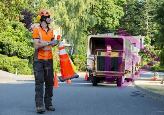 Man in hi-viz putting out traffic cones - Arborist Stock Photo-001-21-6255 Man in hi-viz putting out traffic cones