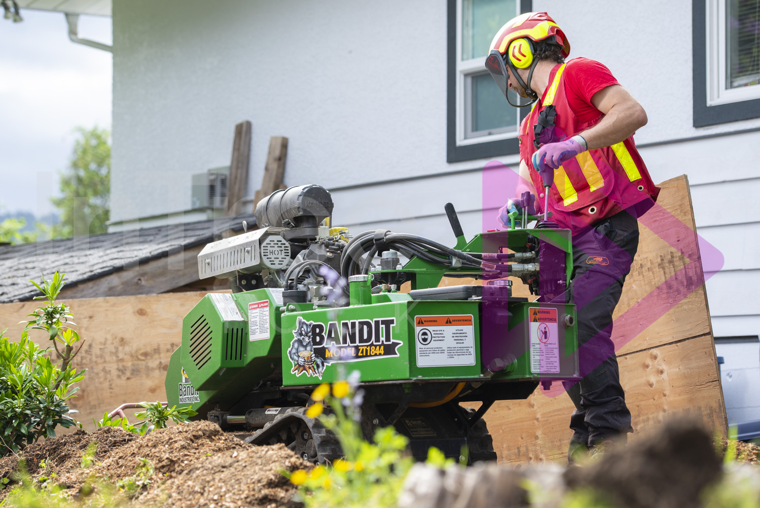 Man in hi-viz operating a green stump grinder