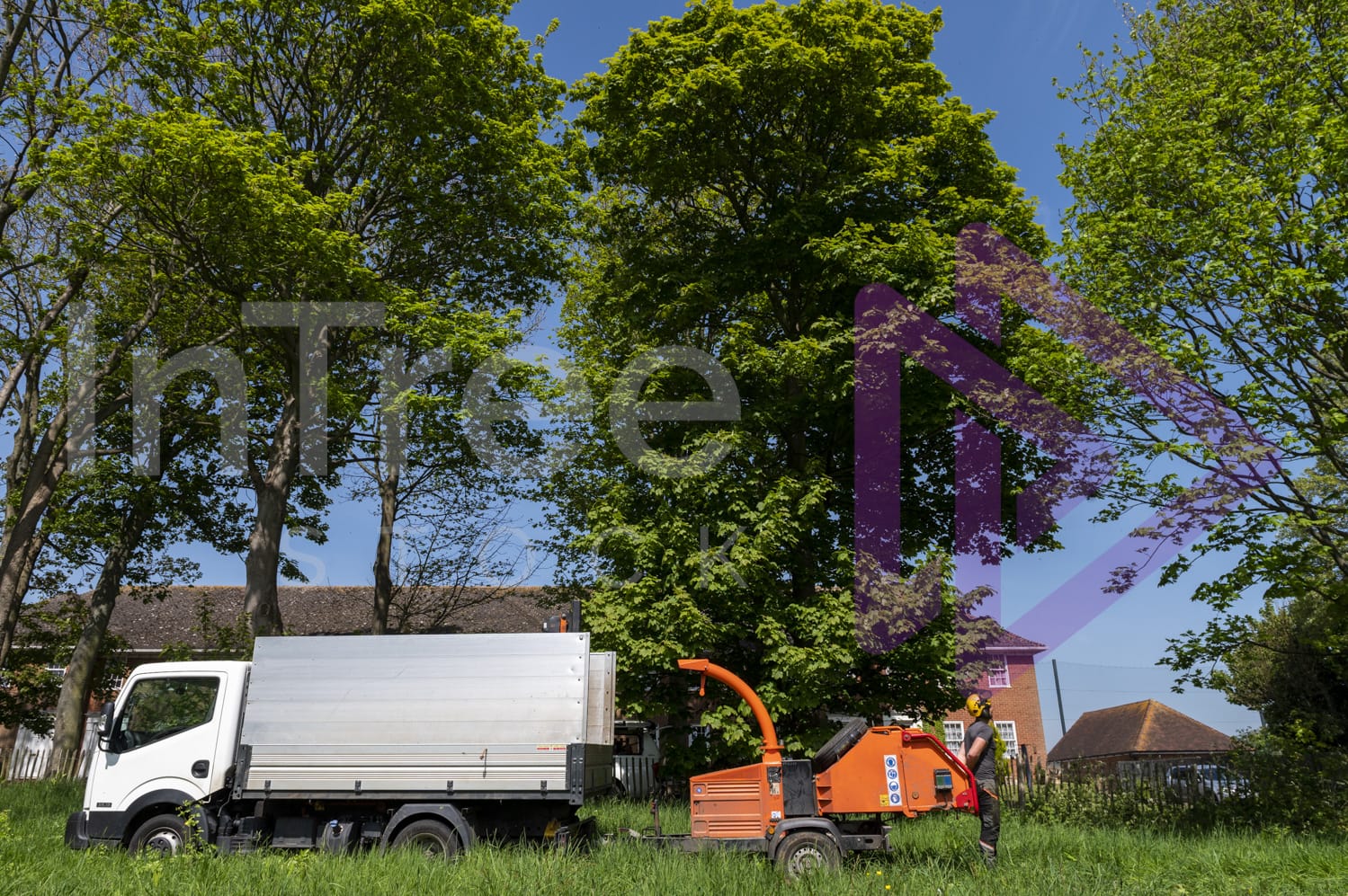 Chip truck and chipper in field adjacent to residential homes in UK